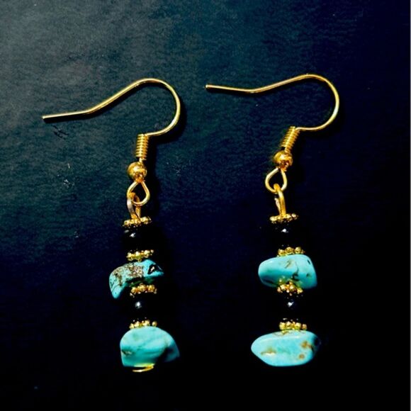 jalias company Jewelry - Handmade Gold & Black Bead Turquoise Dangle Earrings
